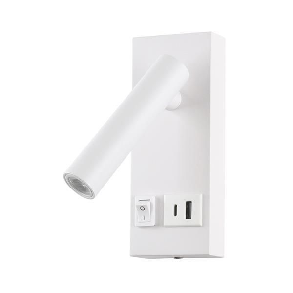 ΑΠΛΙΚΑ ΚΡΕΒΑΤΙΟΥ ΑΝΑΓΝΩΣΗΣ ΜΕ USB TYPE C ΑΛΟΥΜΙΝΙΟ-ΜΕΤΑΛΛΙΚΟ LED 2W 140Lm 3000K 150X60X145mm 100-240AC ΑΣΠΡΗ ARTE ILLUMINA CHARGE Eurolamp 145-22069