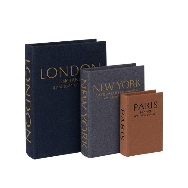 S/3 ΚΟΥΤΙΑ ΒΙΒΛΙΑ ΞΥΛΙΝΑ - PU LONDON - NEW YORK - PARIS ΜΑΥΡΟ - ΓΚΡΙ - ΚΑΦΕ 21x6x30cm / 17x4.5x23cm / 11x3x16cm Eurolamp 819-01582