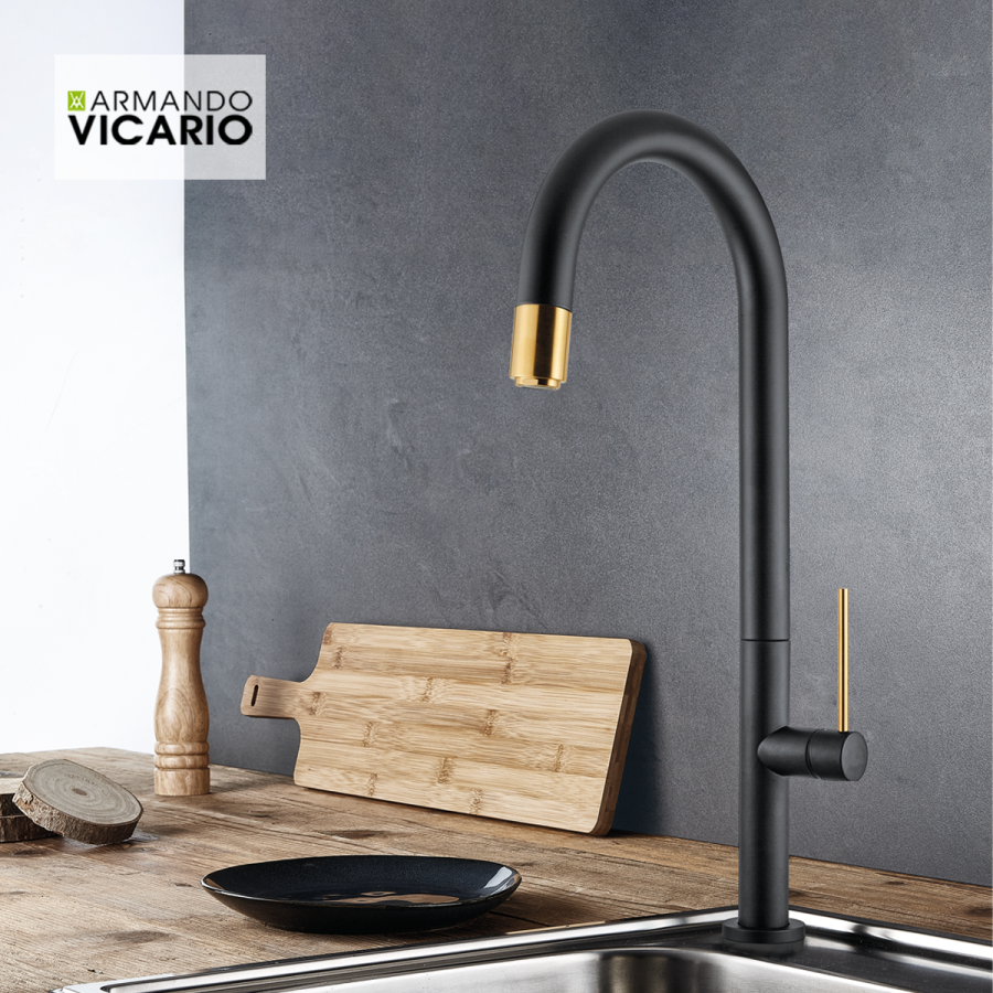 Μπαταρία Κουζίνας  με Συρόμενο Ντους Black Matt-Gold Brushed Armando Vicario Tozo 48780-400201