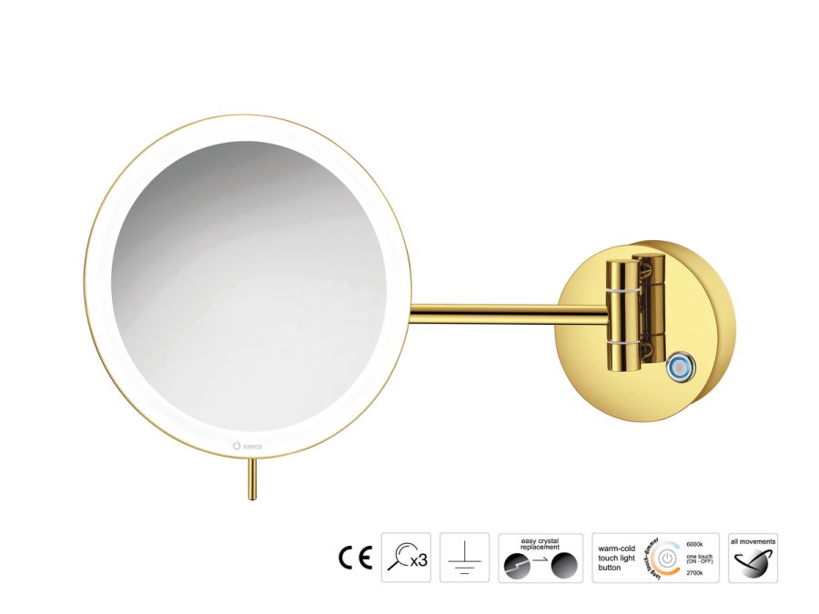 Sanco LED Cosmetic mirrors Μεγεθυντικός καθρέπτης x3 με LED PVD χρυσό ορείχαλκο γυαλιστερό MRLED-705-PVD-02PL