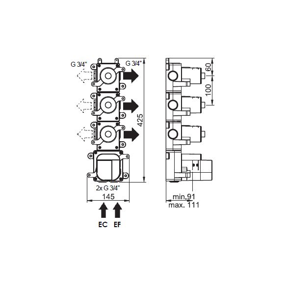 Horus Minoé Contemporary Collection - Insert Box for Thermostatic Mixer with 3 Outlets. - Private: Technical Basic Raw Materials 81.593-BT
