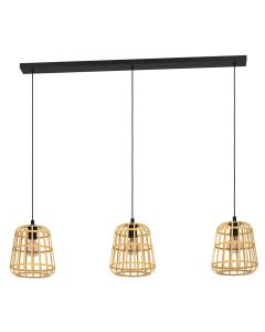 Φωτιστικό Κρεμαστό L129xH150cm Τρίφωτη Ράγα 3xE27 Μαύρο-Πλέγμα Ξύλο Φυσικό Eglo Montezuelo 390153
