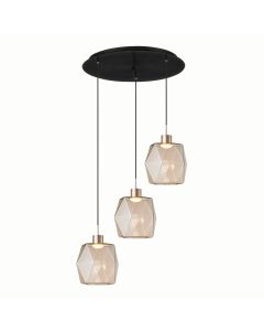 Φωτιστικό Κρεμαστό Τρίφωτο Ροζέτα Μαύρη 35xH180cm Led 15w 840lm 3000K Χειροποίητα Γυαλιά Μελί D18cm Sun Light VENET-3R