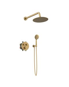 Orabella Terra|Preciosa Brushed Gold - Set εντοιχισμού, με θερμοστατική μπαταρία λουτρού 2 σημείων με στρόγγυλλη κεφαλή, βραχίονα, παροχή - στήριγμα και τηλέφωνο ντουζ με σπιράλ σε διάφορα χρώματα 984-10290