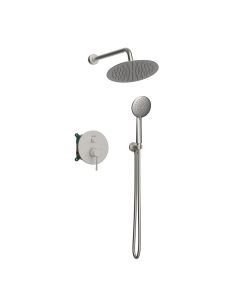 Orabella Terra Brushed nickel - Shower set εντοιχισμού με Μπαταρία λουτρού, εντοιχισμού 2 σημείων, κεφαλή Φ250 με βραχίονα και τηλέφωνο ντουζ με σπιράλ και επιτοίχειο στήριγμα 10318