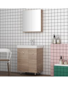 Orabella Vanity 65 Long - Έπιπλο Μπάνιου Επιδαπέδιο με πορσελάνινο νιπτήρα Ege και καθρέπτη ντουλάπι σε αποχρώσεις ξύλου με χρωμέ γραμμικά πόμολα 70126-70102,60170