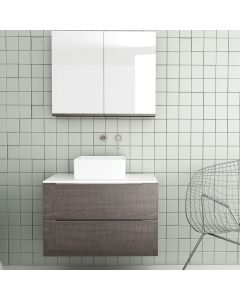 Orabella Solid Surface 80 με δύο Συρτάρια - Κρεμαστό Έπιπλο Μπάνιου για επικαθήμενο νιπτήρα και καθρέπτης ντουλάπι σε αποχρώσεις ξύλου με χρωμέ γραμμικά πόμολα F70242-70243,70105,W-80