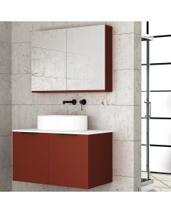 Orabella Solid Surface 90 με δύο Πόρτες - Κρεμαστό Έπιπλο Μπάνιου για επικαθήμενο νιπτήρα και καθρέπτης ντουλάπι σε αποχρώσεις ξύλου με χρωμέ γραμμικά πόμολα F70244-70244,70105,W-90