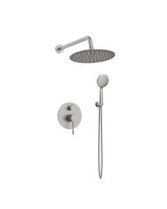 Orabella Terra Brushed nickel - Shower set εντοιχισμού με Μπαταρία λουτρού, εντοιχισμού 2 σημείων, κεφαλή Φ250 με βραχίονα και τηλέφωνο ντουζ με σπιράλ και επιτοίχειο στήριγμα 1118-10318