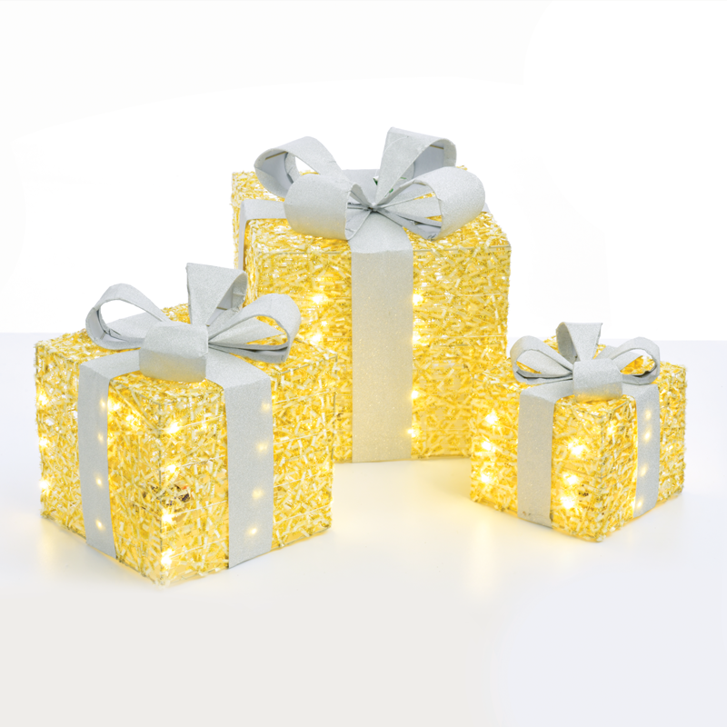 SET "GOLD SILK GIFT BOX, SILVER BOW"  90(20+30+40) WW MINI LED ΛΑΜΠ. ΜΠΑΤ. 3*3ΑΑ IP20 18,24,30CM ACA X1190115