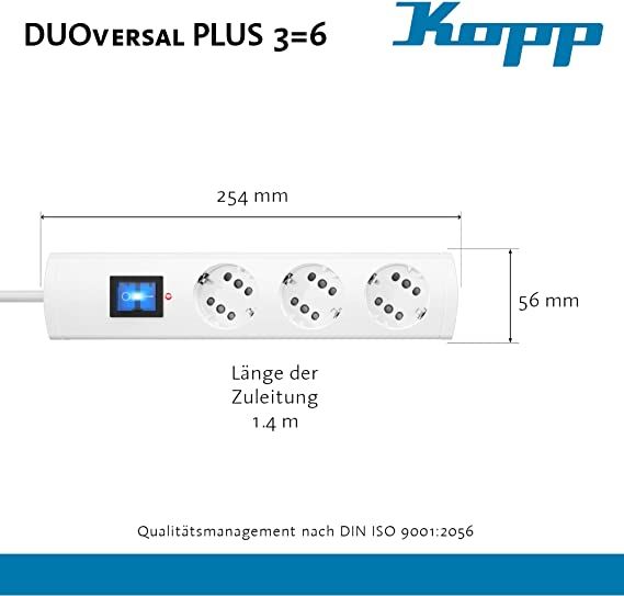 Πολύμπριζο Μαύρο 3 Θέσεων με Διακόπτη, Προστασία Υπέρτασης Καλώδιο 3*1,5,16Α Duoversal Plus Kopp 234405008