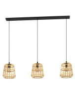 Φωτιστικό Κρεμαστό L129xH150cm Τρίφωτη Ράγα 3xE27 Μαύρο-Πλέγμα Ξύλο Φυσικό Eglo Montezuelo 390153