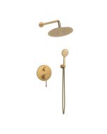 Orabella Terra Brushed gold - Shower set εντοιχισμού με Μπαταρία λουτρού, εντοιχισμού 2 σημείων, κεφαλή Φ250 με βραχίονα και τηλέφωνο ντουζ με σπιράλ και επιτοίχειο στήριγμα 10273