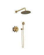 Orabella Terra|Preciosa Brushed Gold - Set εντοιχισμού, με θερμοστατική μπαταρία λουτρού 2 σημείων με στρόγγυλλη κεφαλή, βραχίονα, παροχή - στήριγμα και τηλέφωνο ντουζ με σπιράλ σε διάφορα χρώματα 10290