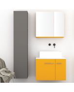 Orabella Solid Surface 70 με μια Πόρτα και δύο Συρτάρια - Κρεμαστό Έπιπλο Μπάνιου για επικαθήμενο νιπτήρα και καθρέπτης ντουλάπι σε αποχρώσεις ξύλου με χρωμέ γραμμικά πόμολα F60175-70158,70103,W-70