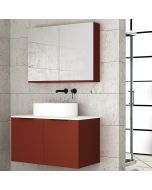 Orabella Solid Surface 90 με δύο Πόρτες και δύο Συρτάρια - Κρεμαστό Έπιπλο Μπάνιου για επικαθήμενο νιπτήρα και καθρέπτης ντουλάπι σε αποχρώσεις ξύλου με χρωμέ γραμμικά πόμολα F70244-70245,70106,W-90