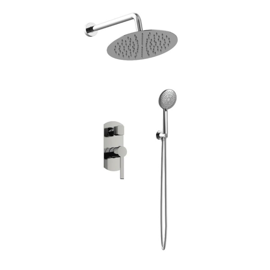 Orabella Elegance - Showerset εντοιχισμού με Μπαταρία λουτρού, εντοιχισμού 2 σημείων, κεφαλή Φ250 με βραχίονα και τηλέφωνο ντουζ με σπιράλ και επιτοίχειο στήριγμα 10269