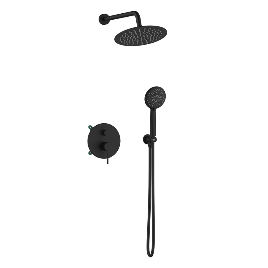 Orabella Preciosa Black matt - Shower set εντοιχισμού με Μπαταρία λουτρού, εντοιχισμού 2 σημείων, κεφαλή Φ250  με βραχίονα και τηλέφωνο ντουζ με σπιράλ και επιτοίχειο στήριγμα 10394