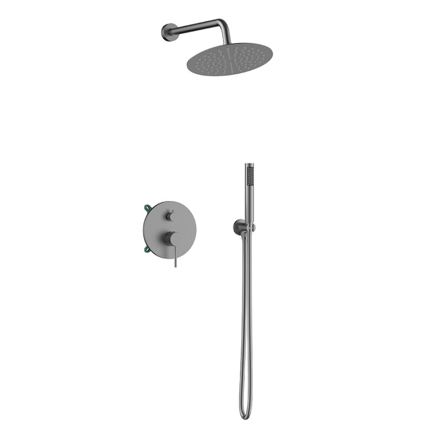 Orabella Preciosa Gun metal light - Shower set εντοιχισμού με Μπαταρία λουτρού, εντοιχισμού 2 σημείων, κεφαλή Φ250  με βραχίονα και τηλέφωνο ντουζ με σπιράλ και επιτοίχειο στήριγμα 10395