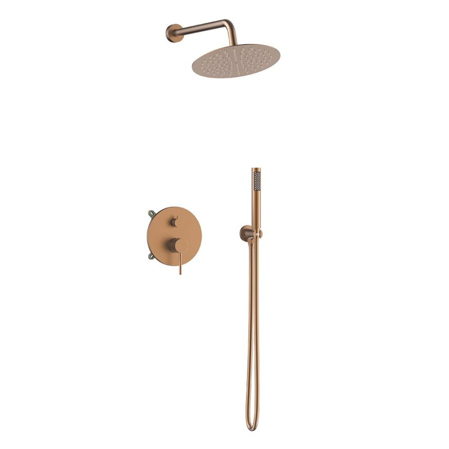 Orabella Preciosa Brushed rose gold - Shower set εντοιχισμού με Μπαταρία λουτρού, εντοιχισμού 2 σημείων, κεφαλή Φ250  με βραχίονα και τηλέφωνο ντουζ με σπιράλ και επιτοίχειο στήριγμα 10396