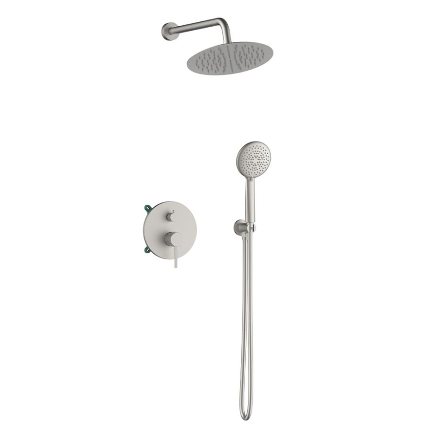 Orabella Preciosa Brushed nickel - Shower set εντοιχισμού με Μπαταρία λουτρού, εντοιχισμού 2 σημείων, κεφαλή Φ250  με βραχίονα και τηλέφωνο ντουζ με σπιράλ και επιτοίχειο στήριγμα 10398