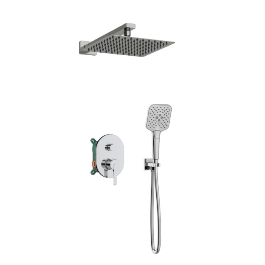 Orabella Marea - Shower set εντοιχισμού με Μπαταρία λουτρού, εντοιχισμού 2 σημείων, κεφαλή 250x250 με βραχίονα και τηλέφωνο ντουζ με σπιράλ και επιτοίχειο στήριγμα Χρωμέ 10406