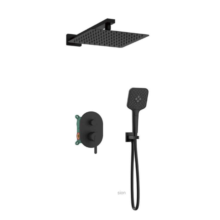Orabella Marea Black matt - Shower set εντοιχισμού με Μπαταρία λουτρού, εντοιχισμού 2 σημείων, κεφαλή 250x250 με βραχίονα και τηλέφωνο ντουζ με σπιράλ και επιτοίχειο στήριγμα 10411