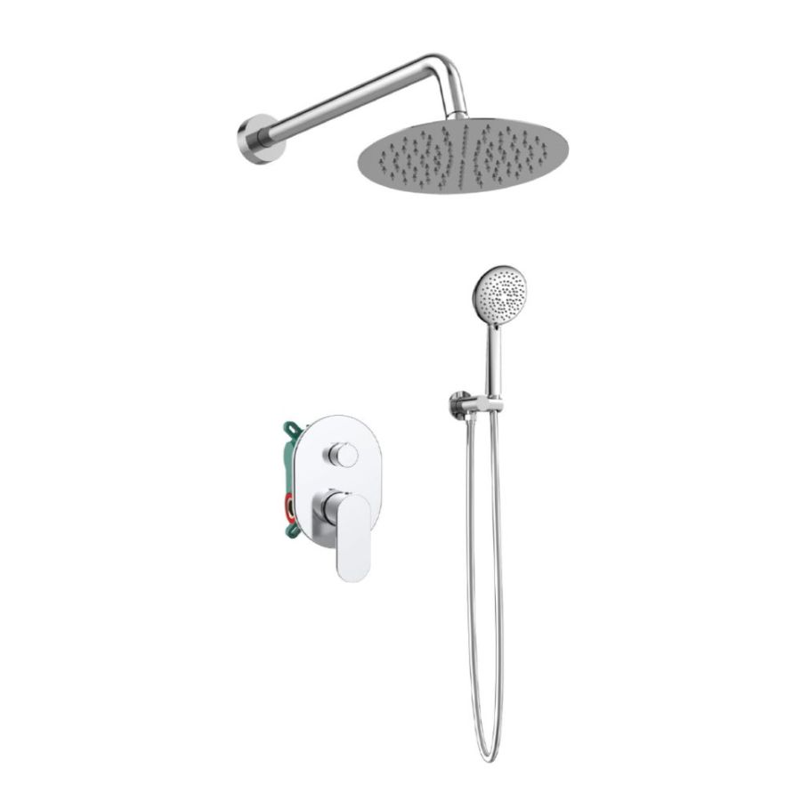 Orabella Aspen - Shower set εντοιχισμού με Μπαταρία λουτρού, εντοιχισμού 2 σημείων, κεφαλή Φ250 με βραχίονα και τηλέφωνο ντουζ με σπιράλ και επιτοίχειο στήριγμα Χρωμέ 10431