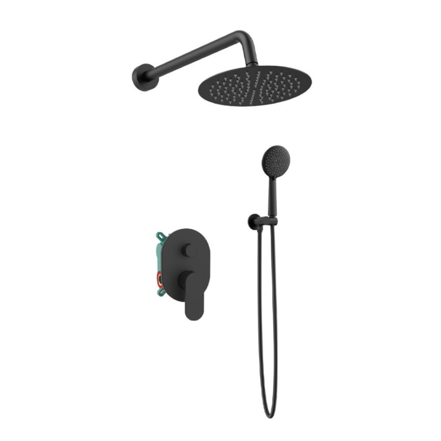 Orabella Aspen Black matt - Shower set εντοιχισμού με Μπαταρία λουτρού, εντοιχισμού 2 σημείων, κεφαλή Φ250 με βραχίονα και τηλέφωνο ντουζ με σπιράλ και επιτοίχειο στήριγμα 10438