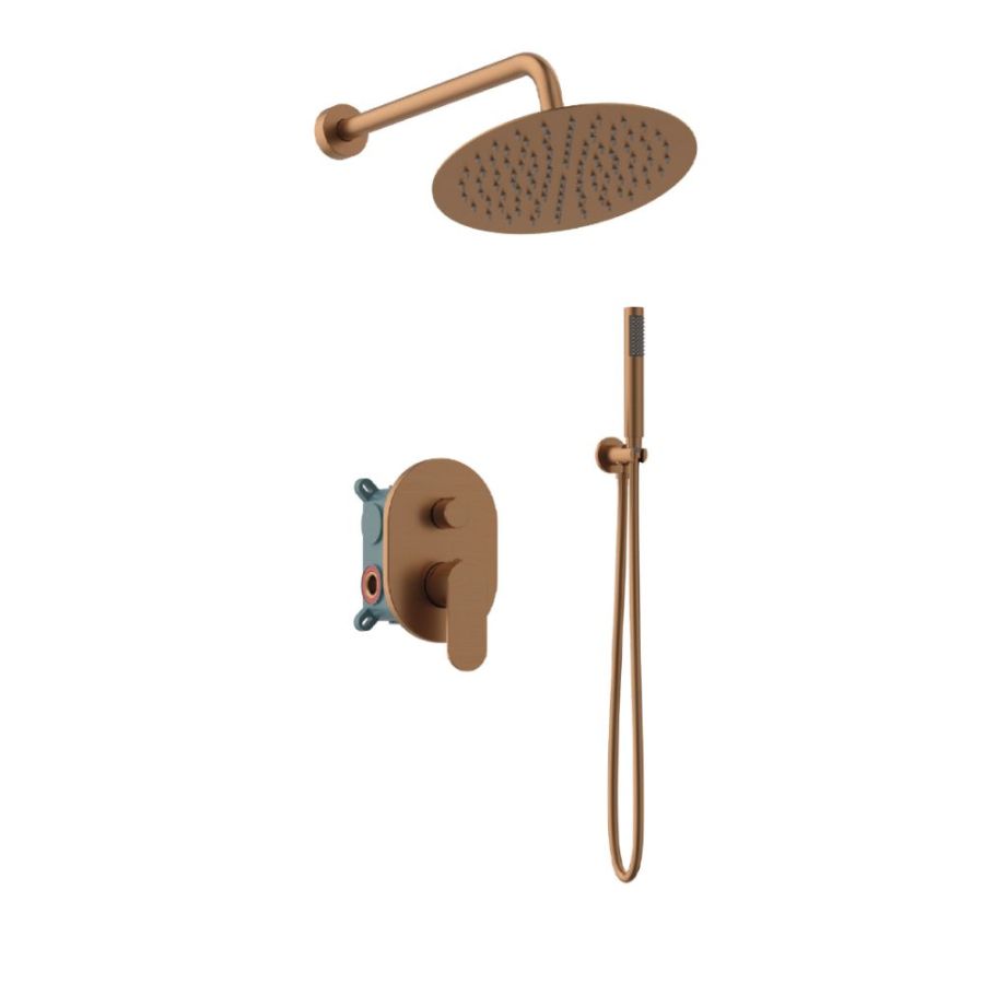 Orabella Aspen Rose gold - Shower set εντοιχισμού με Μπαταρία λουτρού, εντοιχισμού 2 σημείων, κεφαλή Φ250 με βραχίονα και τηλέφωνο ντουζ με σπιράλ και επιτοίχειο στήριγμα 10445