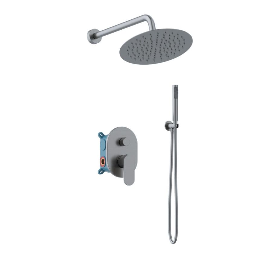 Orabella Aspen Gun metal light - Shower set εντοιχισμού με Μπαταρία λουτρού, εντοιχισμού 2 σημείων, κεφαλή Φ250 με βραχίονα και τηλέφωνο ντουζ με σπιράλ και επιτοίχειο στήριγμα 10452