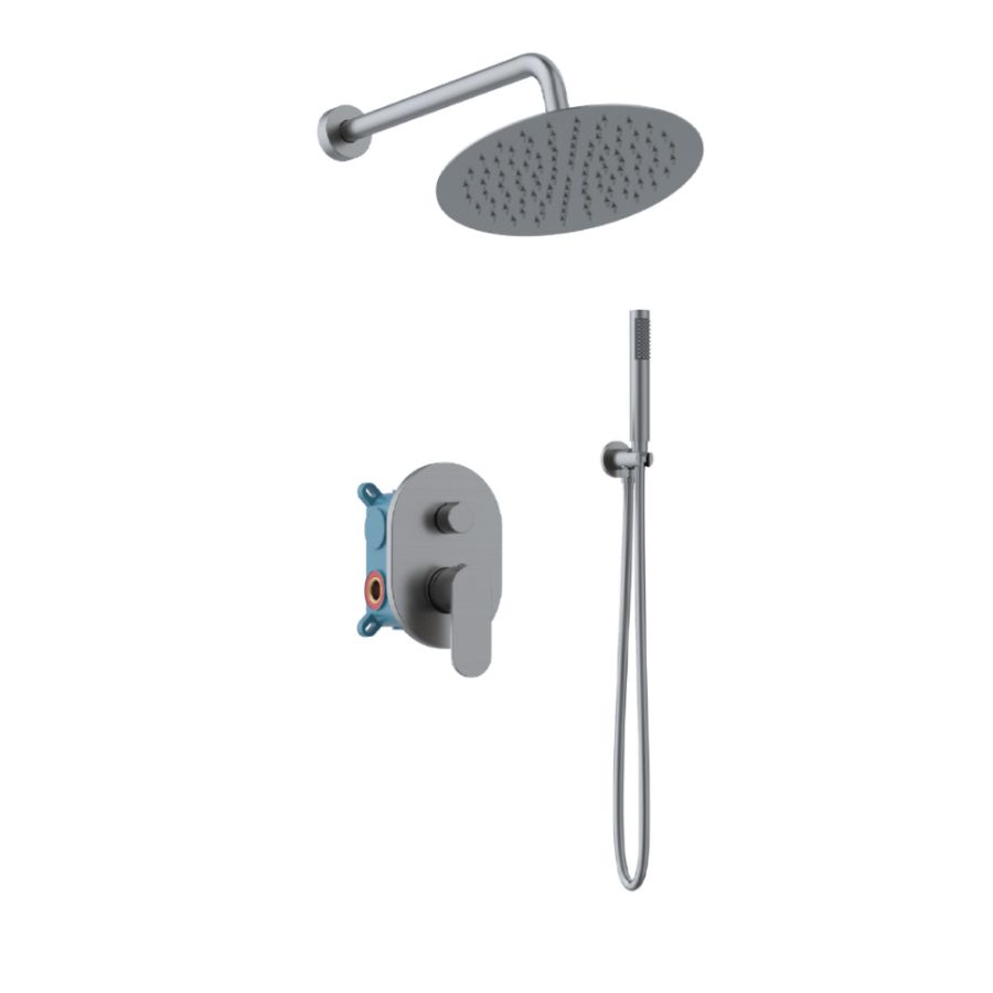 Orabella Oval Gun metal light - Shower set εντοιχισμού με Μπαταρία λουτρού, εντοιχισμού 2 σημείων, κεφαλή Φ250 με βραχίονα και τηλέφωνο ντουζ με σπιράλ και επιτοίχειο στήριγμα 10484