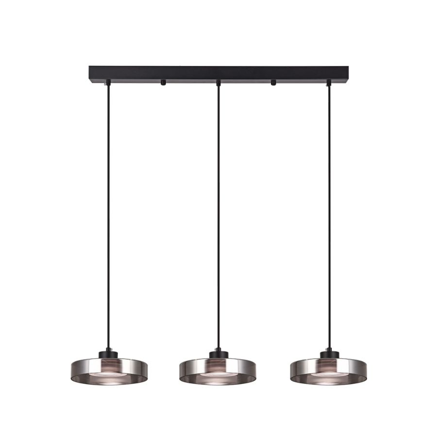 Κρεμαστό φωτιστικό LED απο μαύρο μέταλλο και φιμέ γυαλί, 70x200cm, 3CCT Θερμό- Φυσικό- Ψυχρό Φως, Φωτεινότητα 3960LMκαι 3x12W 4075-3R-Black/Smoky