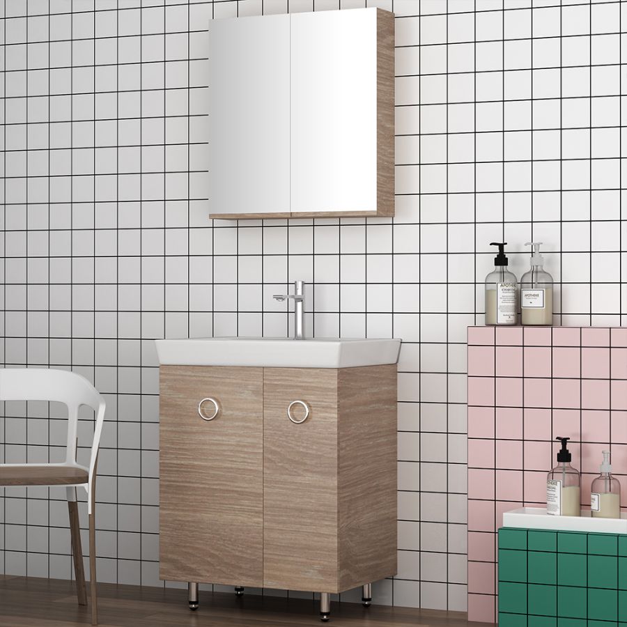 Orabella Vanity 65 Long - Έπιπλο Μπάνιου Επιδαπέδιο με πορσελάνινο νιπτήρα Ege και καθρέπτη ντουλάπι σε αποχρώσεις ξύλου με χρωμέ γραμμικά πόμολα 70126-70102,60170