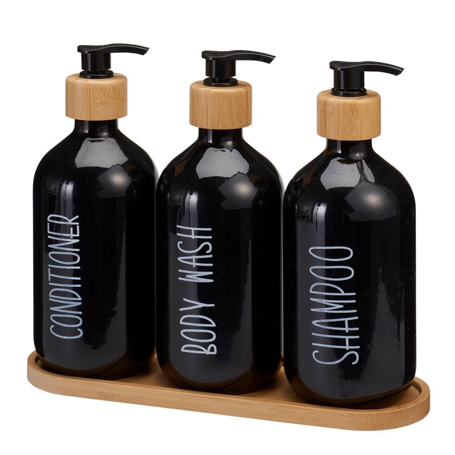 Σετ Μπάνιου με 3 Dispenser σε Δίσκο Μπαμπού Black MRShome DF-0073000