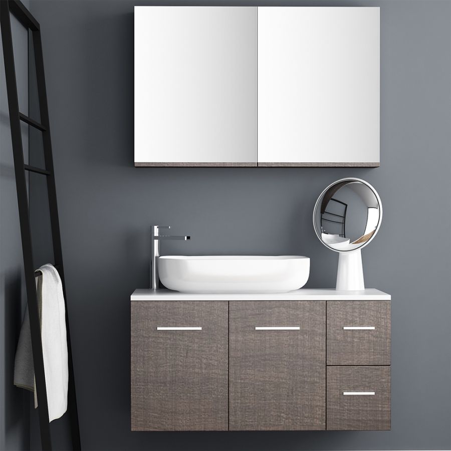Orabella Solid Surface 100 με δύο Πόρτες και δύο Συρτάρια - Κρεμαστό Έπιπλο Μπάνιου για επικαθήμενο νιπτήρα και καθρέπτης ντουλάπι σε αποχρώσεις ξύλου με χρωμέ γραμμικά πόμολα F60176-70161,70107,W-100