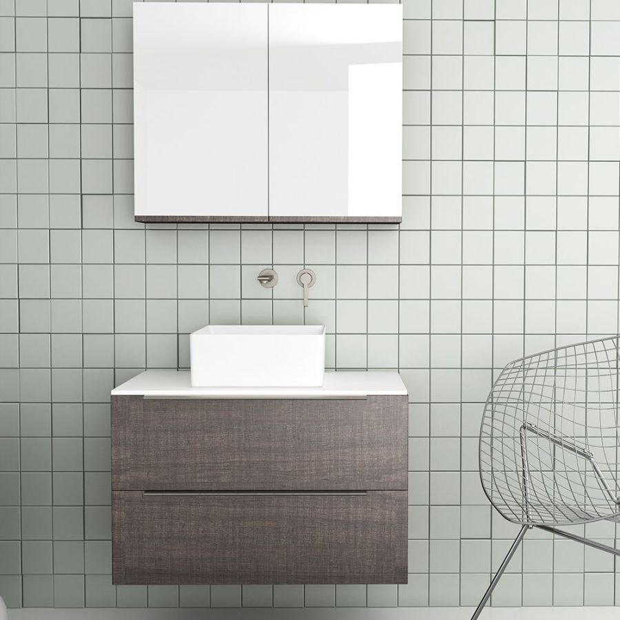 Orabella Solid Surface 80 με δύο Πόρτες - Κρεμαστό Έπιπλο Μπάνιου για επικαθήμενο νιπτήρα και καθρέπτης ντουλάπι σε αποχρώσεις ξύλου με χρωμέ γραμμικά πόμολα F70242-70242,70105,W-80