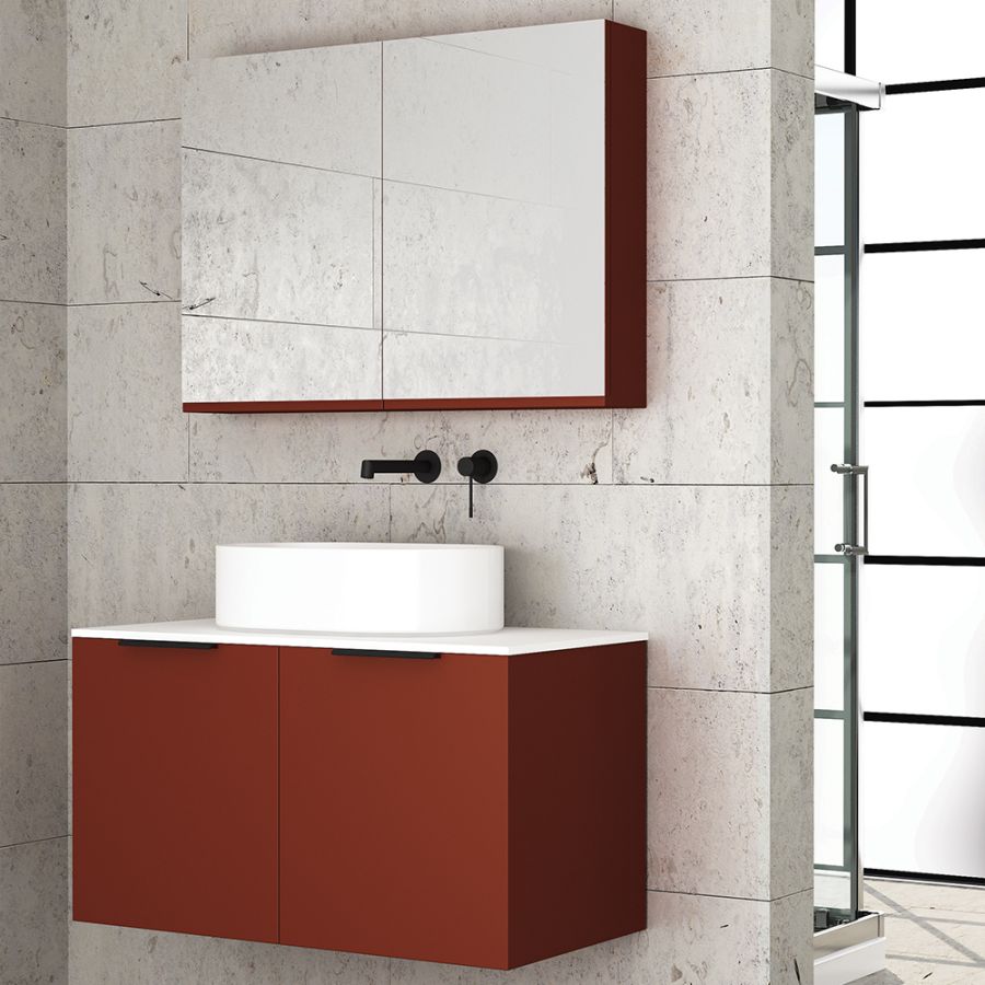 Orabella Solid Surface 90 με δύο Πόρτες και δύο Συρτάρια - Κρεμαστό Έπιπλο Μπάνιου για επικαθήμενο νιπτήρα και καθρέπτης ντουλάπι σε αποχρώσεις ξύλου με χρωμέ γραμμικά πόμολα F70244-70245,70106,W-90
