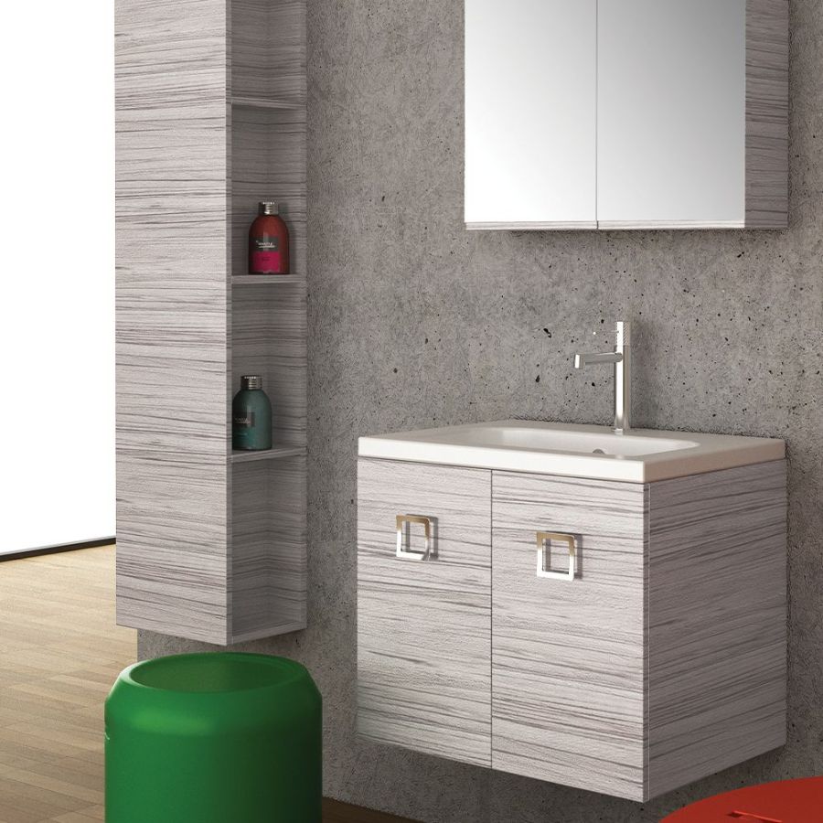 Orabella Touch 61 - Κρεμαστό Έπιπλο Μπάνιου με πορσελάνινο νιπτήρα Tecla και καθρέπτη ντουλάπι σε αποχρώσεις ξύλου με χρωμέ γραμμικά πόμολα F70247-70247,70104,60166
