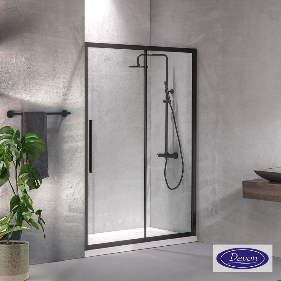 Συρόμενη πόρτα καμπίνας ντουζιέρας Flow 100 ύψους 195εκ.  ρυθμιζόμενη από 97 έως 101εκ. Devon Clean Glass Black Matt SLF100C-400