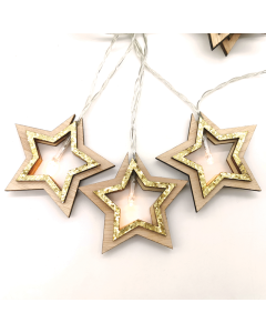 "WOODEN GOLD GLITTER STARS", 10 LED ΛΑΜΠ. ΣΕΙΡΑ ΜΠΑΤ. (3xAA), WW, IP20, 135+30cm, ΔΙΑΦ. ΚΑΛ. ΤΡΟΦ. ACA X061011206B