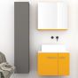 Orabella Solid Surface 70 με μια Πόρτα και δύο Συρτάρια - Κρεμαστό Έπιπλο Μπάνιου για επικαθήμενο νιπτήρα και καθρέπτης ντουλάπι σε αποχρώσεις ξύλου με χρωμέ γραμμικά πόμολα F60175-70158,70103,W-70