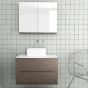 Orabella Solid Surface 80 με δύο Πόρτες - Κρεμαστό Έπιπλο Μπάνιου για επικαθήμενο νιπτήρα και καθρέπτης ντουλάπι σε αποχρώσεις ξύλου με χρωμέ γραμμικά πόμολα F70242-70242,70105,W-80