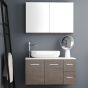 Orabella Solid Surface 100 με τέσσερα Συρτάρια - Κρεμαστό Έπιπλο Μπάνιου για επικαθήμενο νιπτήρα και καθρέπτης ντουλάπι σε αποχρώσεις ξύλου με χρωμέ γραμμικά πόμολα F60176-70162,70107,W-100